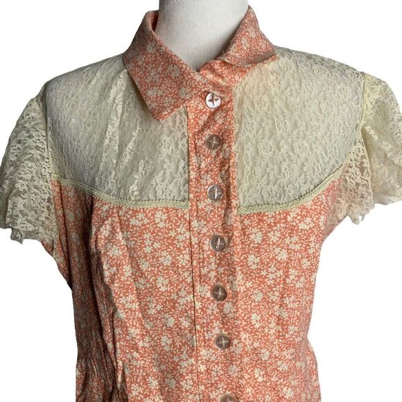 Vintage Lace Yoke Mini Shirt Dress Womens M Pink Floral Country Western - Picture 2 of 7